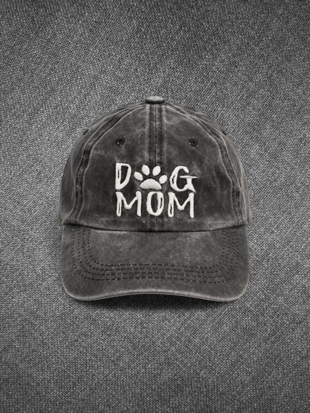 Dog Mom Distressed Black Cotton Baseball Cap